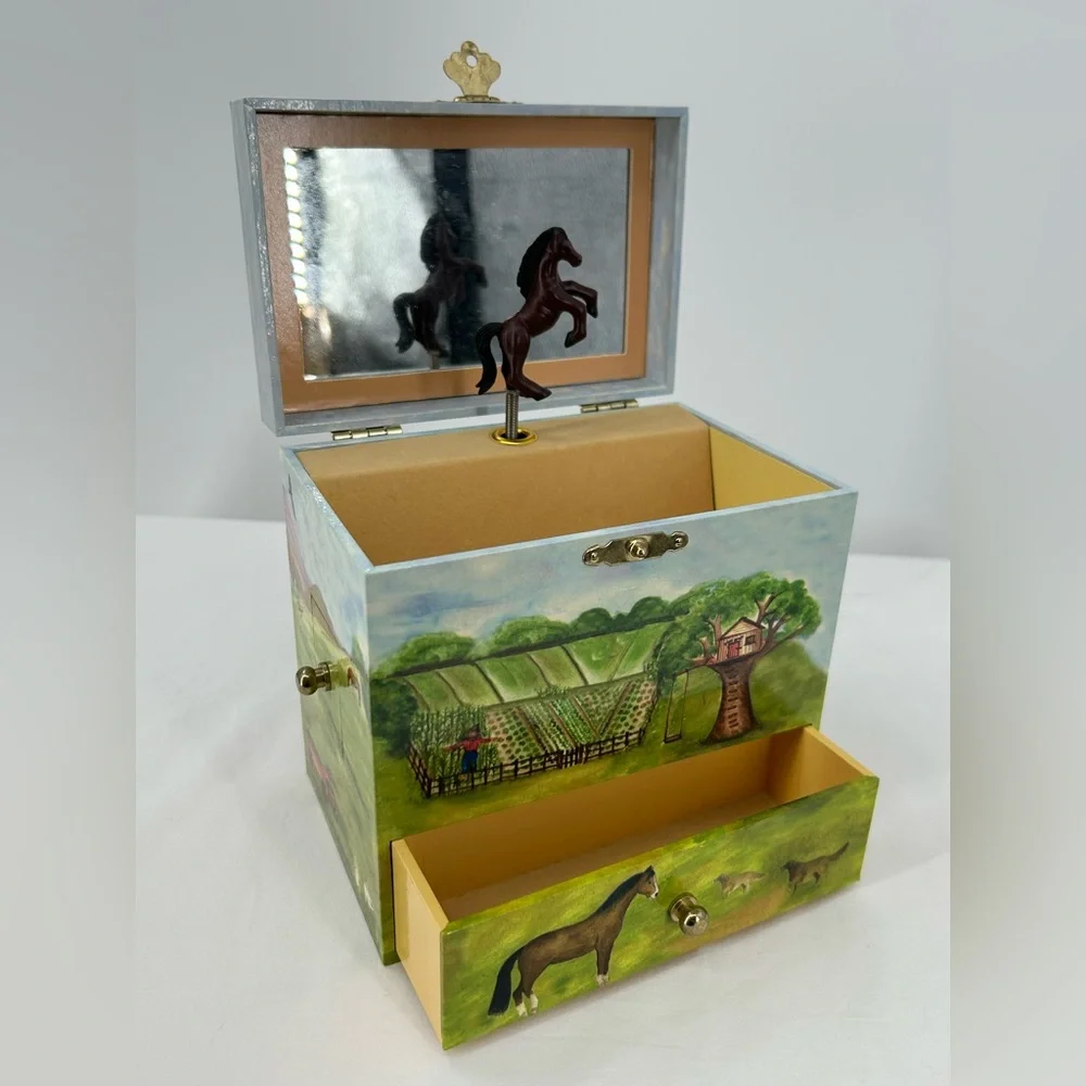 Jewelry Keepsake Music Box‎ Wind Up Music and Twirling Horse Lots of Drawers